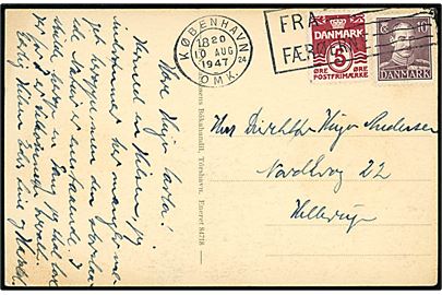 5 øre Bølgelinie og 10 øre Chr. X på brevkort (Parti fra Thorshavn) annulleret med TMS København OMK.24 / Fra Færøerne d. 10.8.1947 til Hellerup.