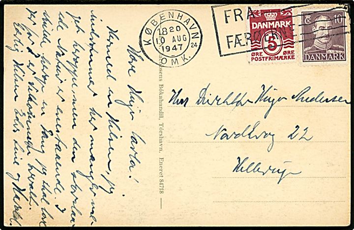 5 øre Bølgelinie og 10 øre Chr. X på brevkort (Parti fra Thorshavn) annulleret med TMS København OMK.24 / Fra Færøerne d. 10.8.1947 til Hellerup.