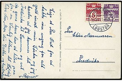 5 øre og 10 øre Bølgelinie på brevkort (Skjoldborgs Hus, Løgstør) annulleret med bureaustempel Hobro - Løgstør T.858 d. 19.3.1941 til Frederiks.