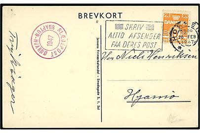 6 øre Bølgelinie på ispost tryksagskort (Ispost på slæde) fra Horsens d. 26.2.1947 til Hjarnø. Rødt stempel Slædepost 1947 Snaptun - Hjarnø.