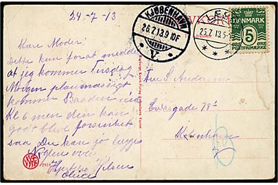 5 øre Bølgelinie på brevkort annulleret med brotype IIa Læsø d. 25.7.1913 til Kjøbenhavn.