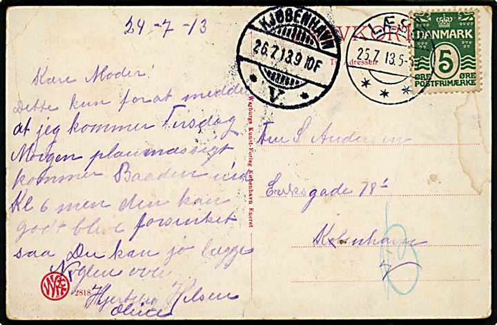 5 øre Bølgelinie på brevkort annulleret med brotype IIa Læsø d. 25.7.1913 til Kjøbenhavn.
