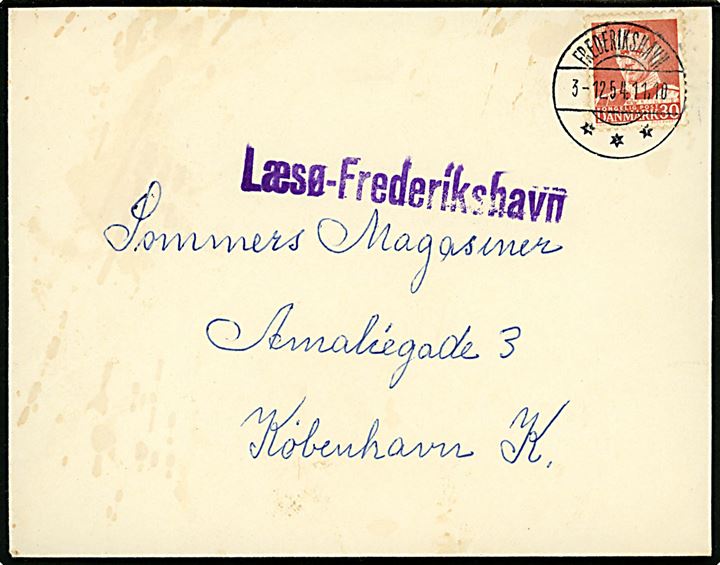 30 øre Fr. IX på brev fra fisker Laurits Christensen, Vesterø Havn på Læsø annulleret Frederikshavn d. 3.12.1954 og sidestemplet Læsø-Frederikshavn til København.