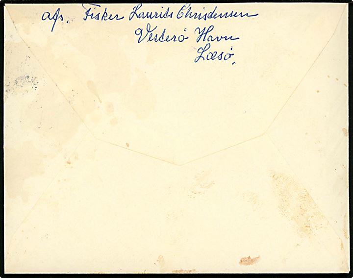 30 øre Fr. IX på brev fra fisker Laurits Christensen, Vesterø Havn på Læsø annulleret Frederikshavn d. 3.12.1954 og sidestemplet Læsø-Frederikshavn til København.