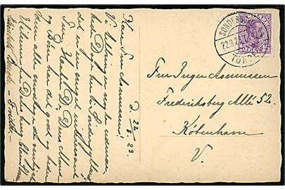 15 øre Chr. X på brevkort (Udsigt til Dambroen og den nye grænse) annulleret med bureaustempel Sønderborg - Tønder sn2 T.1429 d. 22.8.1923 til København.
