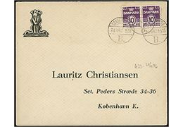 10 øre Bølgelinie i parstykke på brev annulleret med brotype Vd Sønderborg B. d. 28.10.1942 kl. 5.20 og igen kl. 10.55 til København.