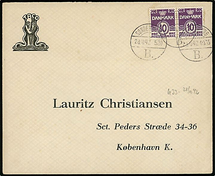 10 øre Bølgelinie i parstykke på brev annulleret med brotype Vd Sønderborg B. d. 28.10.1942 kl. 5.20 og igen kl. 10.55 til København.
