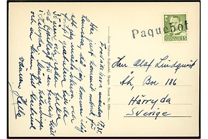15 øre Fr. IX på brevkort (Drachmanns grav, Skagen) dateret i Frederikshavn og annulleret med svensk skibsstempel Paquebot til Härryda, Sverige.