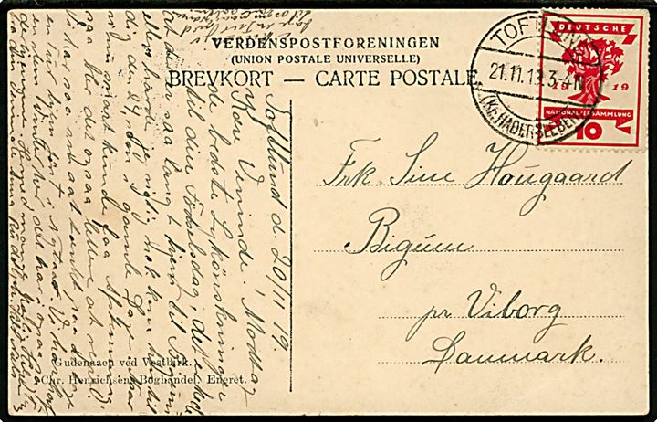 10 pfg. Weimar udg. på brevkort annulleret Toftlund (Kr. Hadersleben) d. 21.11.1918 til Viborg. Hj.knæk.