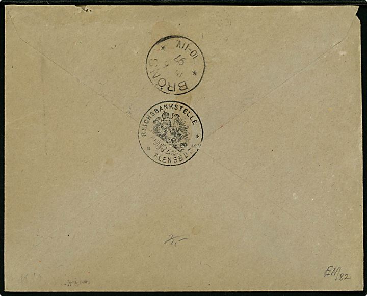 Ufrankeret portopligtigt tjenestebrev fra Flensburg d. 15.6.1897 til Brøns. Sendt fra Reichsbankstelle i Flensburg og ank.stemplet Bröns d. 16.6.1897 og udtakseret i 10 pfg. enkeltporto.
