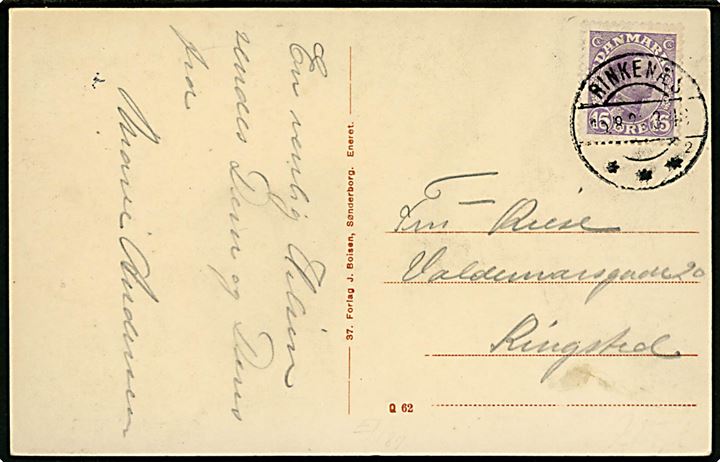 15 øre Chr. X på brevkort (Sønderborg slot) annulleret med brotype IIb Rinkenæs *** sn2 d. 15.8.1922 til Ringsted.
