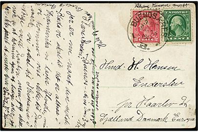 Amerikansk 1 cent (defekt) og 2 cents Washington på brevkort (Tenerife) fra dansk sømand annulleret med argentinsk stempel i Buenos Aires d. 13.3.1917 til Enderslev pr. Haarlev St. Danmark. 