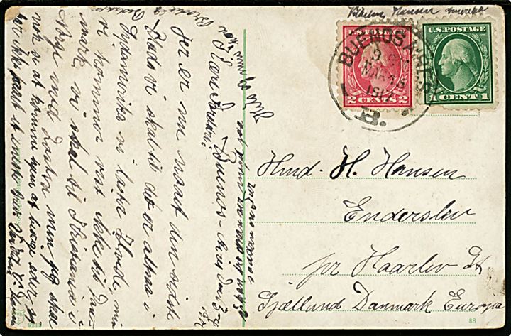 Amerikansk 1 cent (defekt) og 2 cents Washington på brevkort (Tenerife) fra dansk sømand annulleret med argentinsk stempel i Buenos Aires d. 13.3.1917 til Enderslev pr. Haarlev St. Danmark. 
