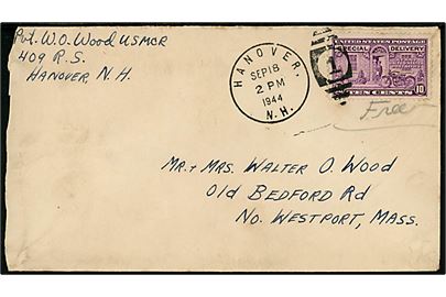 Free mail feltpostbrev fra menig i US Marine Corps sendt som ekspres med 10 cents Special Delivery udg. stemplet Hanover N.H. d. 18.9.1944 til North Westport, Mass. 