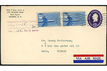 3 cents helsagskuvert opfrankeret med 6 cents Air Force 50 år (par) fra Laconia d. 17.1.1958 til Oslo, Norge. Underfrankeret og returneret til frankering med 15 cents for at kunne blive fremsendt.