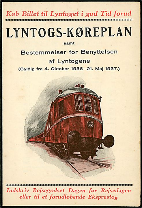 Lyntogs-Køreplan samt bestemmelser for benyttelsen af Lyntogene gyldig fra 4.10.1936 til 21.5.1937. Lille illustreret brochure på 4 sider.