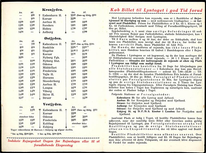 Lyntogs-Køreplan samt bestemmelser for benyttelsen af Lyntogene gyldig fra 4.10.1936 til 21.5.1937. Lille illustreret brochure på 4 sider.