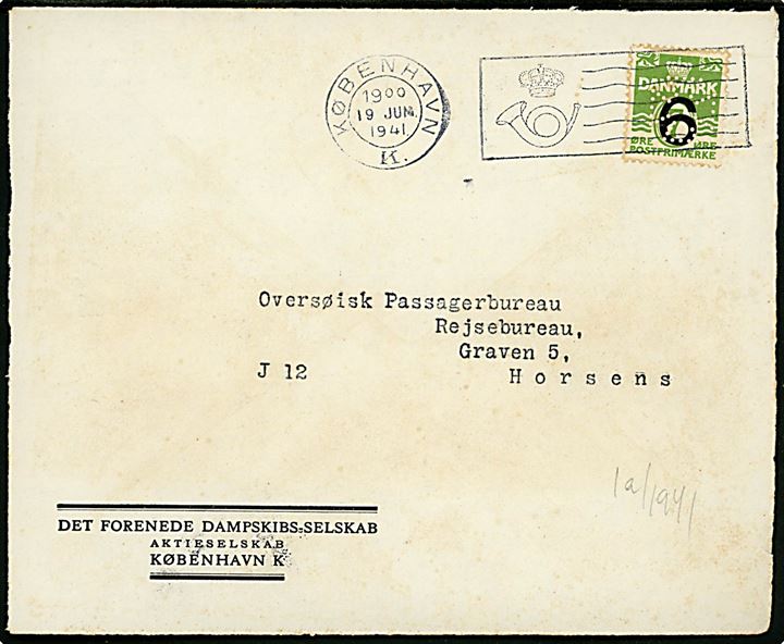 6/8 øre Provisorium med perfin (Malteserkors) på BREVFORSIDE af tryksag fra Det forenede Dampskibsselskab annulleret med tryksags kontrol TMS i København K. d. 19.6.1941 til Horsens.
