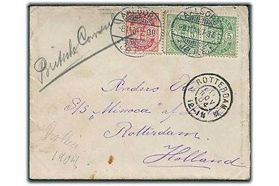 5 øre (par) og 10 øre Våben på brev fra Aalborg JB.P.E. d. 8.11.1904 til sømand ombord på M/S Minoca af Leith, Rotterdam, Holland. Påskrevet: British Consul.