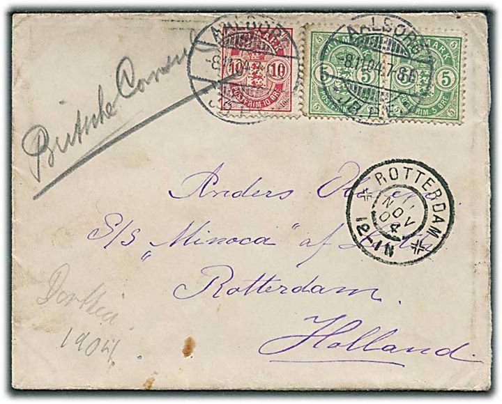 5 øre (par) og 10 øre Våben på brev fra Aalborg JB.P.E. d. 8.11.1904 til sømand ombord på M/S Minoca af Leith, Rotterdam, Holland. Påskrevet: British Consul.