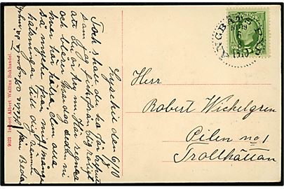 5 öre Oscar II på brevkort fra Lysekil annulleret med dampskibsstempel Ångbåts PXP no. 179 (= Uddevalla - Lysekil) d. 6.8.1910 til Trollhättan. Stempel benyttet ombord på dampskibet S/S Valborg.