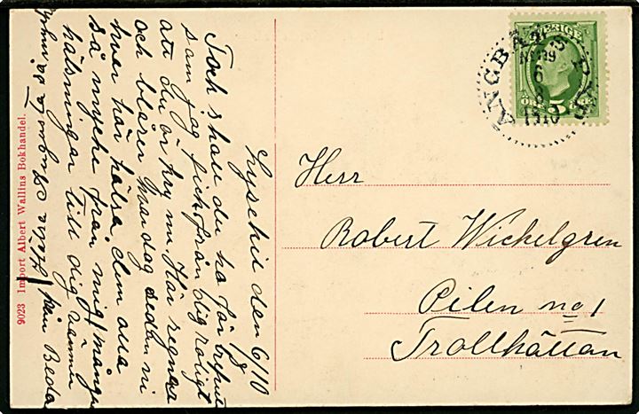 5 öre Oscar II på brevkort fra Lysekil annulleret med dampskibsstempel Ångbåts PXP no. 179 (= Uddevalla - Lysekil) d. 6.8.1910 til Trollhättan. Stempel benyttet ombord på dampskibet S/S Valborg.