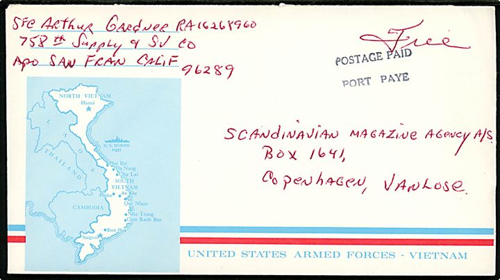 Ufrankeret illustreret kuvert fra United States Armed Forces - Vietnam stemplet Postage Paid / Port Paye fra soldat ved 758th Supply & Service Squadron APO San Francisco 96289 (= Saigon (Di An) Vietnam) til København, Danmark. 