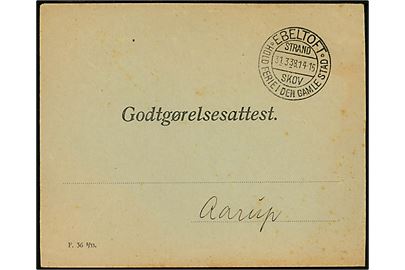 Godtgørelsesattest kuvert - formular F.36 8/33 - med turiststempel Ebeltoft d. 31.3.1938 til Aarup.