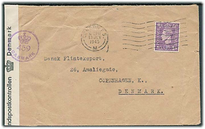 3d George VI på brev fra London d. 13.7.1945 til København, Danmark. Dansk efterkrigscensur (krone)/459/ Danmark.