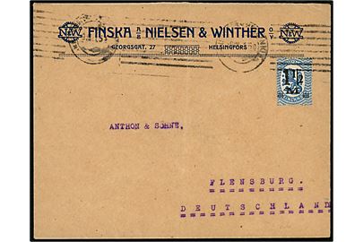 1½ mk. / 50 pen. Provisorium single på firmakuvert fra Finska A/S Nielsen & Winther i Helsingfors d. 9.8.1921 til Flensburg, Tyskland.