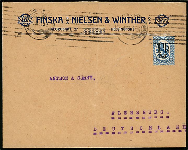 1½ mk. / 50 pen. Provisorium single på firmakuvert fra Finska A/S Nielsen & Winther i Helsingfors d. 9.8.1921 til Flensburg, Tyskland.