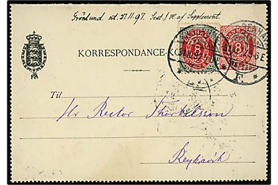 8 øre helsags korrespondancekort opfrankeret med 8 øre Tofarvet sendt som 16 øre frankeret brev fra Kjøbenhavn d. 31.10.1897 til Reykjavik, Island. Ank.stemplet i Reykjavik d. 6.11.1897. 