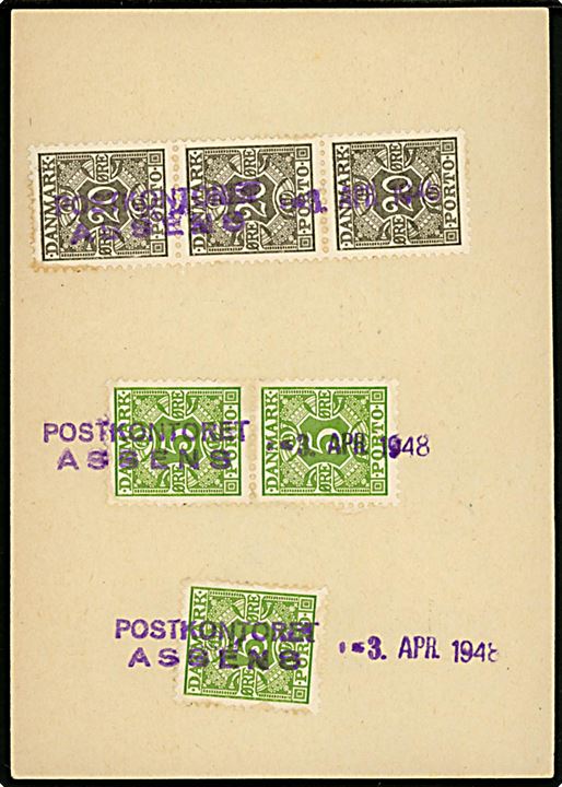 5 øre (3) og 20 øre (3-stribe) Portomærke annulleret med kontorstempel Postkontoret Assens d. 3.4.1948 på bagsiden af Debetseddel - formular B.57 (1-45 B7).