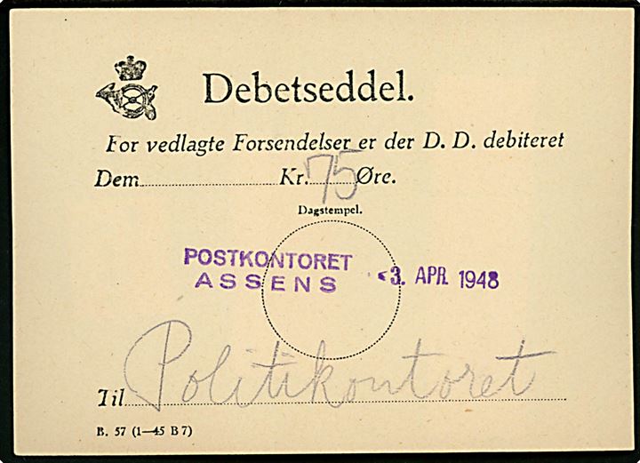 5 øre (3) og 20 øre (3-stribe) Portomærke annulleret med kontorstempel Postkontoret Assens d. 3.4.1948 på bagsiden af Debetseddel - formular B.57 (1-45 B7).