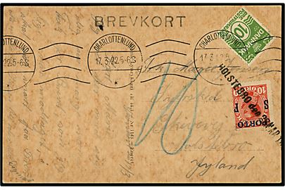 10 øre Bølgelinie på underfrankeret brevkort fra Charlottenlund d. 17.3.1922 til Holstebro. Udtakseret i porto med 10 øre Chr. X porto-provisorium annulleret med kontorstempel Holstebro d. 28.3.1922.