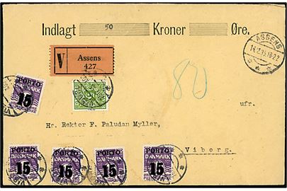 Ufrankeret værdibrev fra Assens s. 14.12.1935 til Viborg. Udtakseret i 80 øre porto med 5 øre Portomærke og 15/12 øre Porto-provisorium (5) stemplet Viborg d. 16.12.1935
