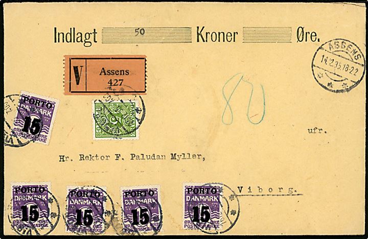 Ufrankeret værdibrev fra Assens s. 14.12.1935 til Viborg. Udtakseret i 80 øre porto med 5 øre Portomærke og 15/12 øre Porto-provisorium (5) stemplet Viborg d. 16.12.1935