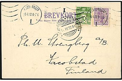 10 øre Bølgelinie og 15 øre Chr. X med perfin (Malteserkors) på brevkort fra Det forenede Dampskibs-Selskab i Kjøbenhavn d. 6.4.1922 til Jacobstad, Sverige.