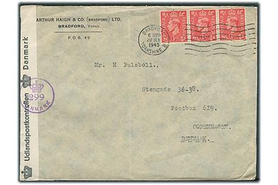 1d George VI i 3-stribe på brev fra Bradford d. 20.7.1945 til København, Danmark. Dansk efterkrigscensur (krone)/299/Danmark.