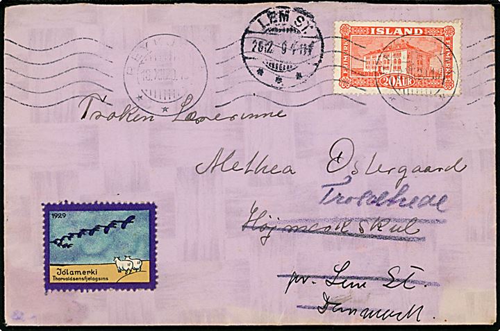 20 aur Nationalmuseum og Thorvaldsen foreningen Julemærke 1929 på brev fra Reykjavik d. 18.12.1929 til Lem St., Danmark - eftersendt til Troldhede. 
