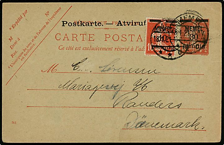 30 pfg./10 c. Memel helsagsbrevkort opfrankeret 10 pfg./c. Memel provisorium fra Memel d. 18.1.1921 til Randers, Danmark.