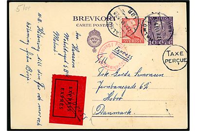 10 öre Gustaf helsagsbrevkort opfrankeret med 20 öre Gustaf sendt som ekspres fra Malmö d. 17.8.1944 til Hobro, Danmark. Interessant svensk portokontrol stempel Taxe percue og dansk censur. 