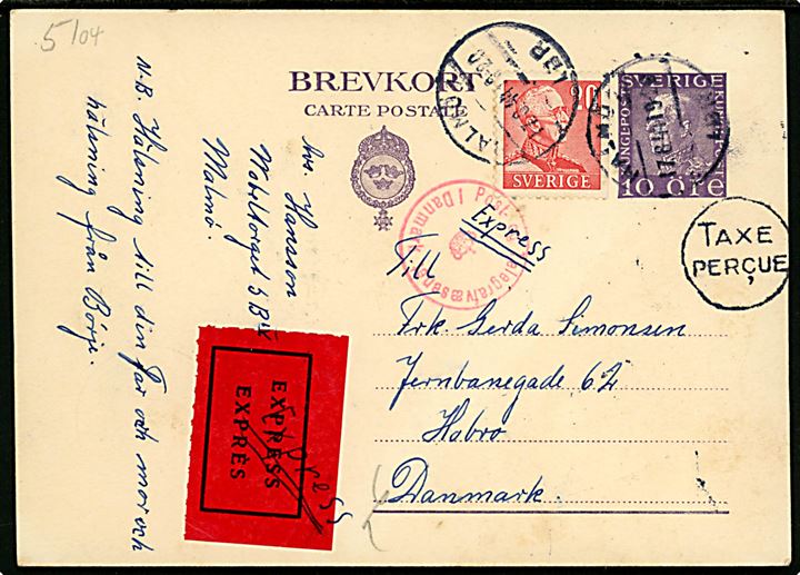 10 öre Gustaf helsagsbrevkort opfrankeret med 20 öre Gustaf sendt som ekspres fra Malmö d. 17.8.1944 til Hobro, Danmark. Interessant svensk portokontrol stempel Taxe percue og dansk censur. 