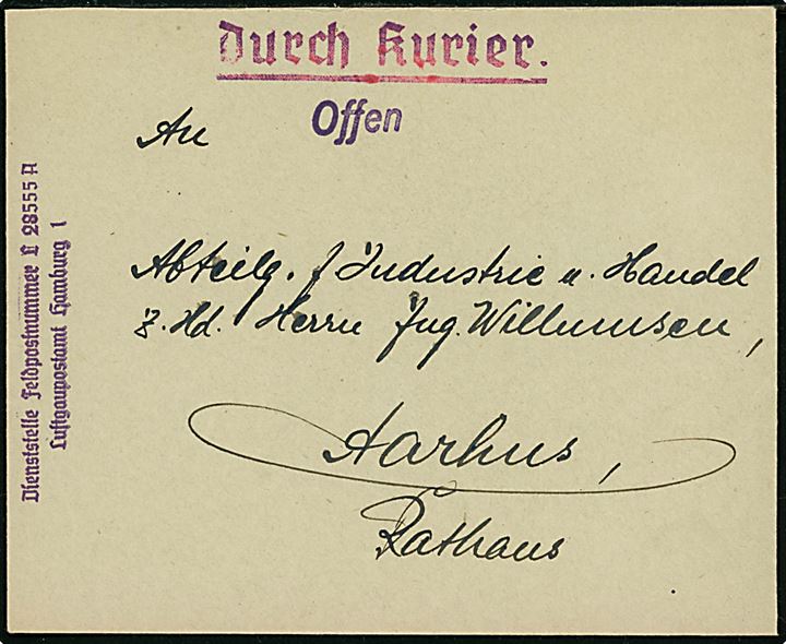 Ufrankeret tysk brev mærket Durch Kurier fra Feldpostnummer L28555A (= III. Abteilung Luftnachrichten-Regiment 222 i Viborg) til Aarhus. 