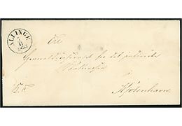 1853. Ufrankeret tjenestebrev mærket K.T. med antiqua Allinge d. 7.11.1853 til Kjøbenhavn. Skramme i venstre side.