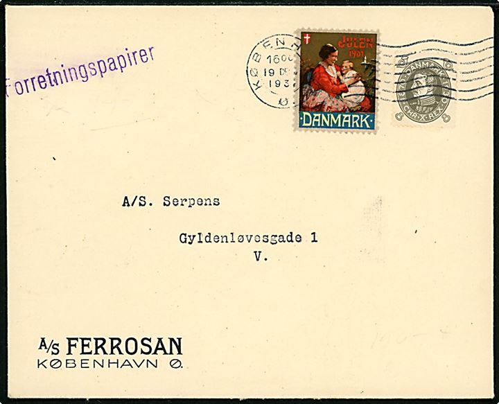 8 øre Chr. X 60 år og Julemærke 1931 på lokal forretningspapirer i København d. 19.12.1931. 