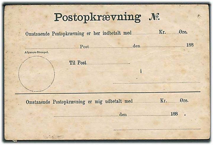 Postopkrævnings formular 1880'erne. Ubrugt. Skjolder.