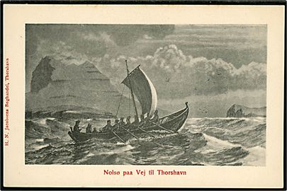 “Nolsø paa Vej til Thorshavn”. Nationalhelten Poul Nolsøe i båd fra England til Færøerne 1809. Jacobsen u/no.