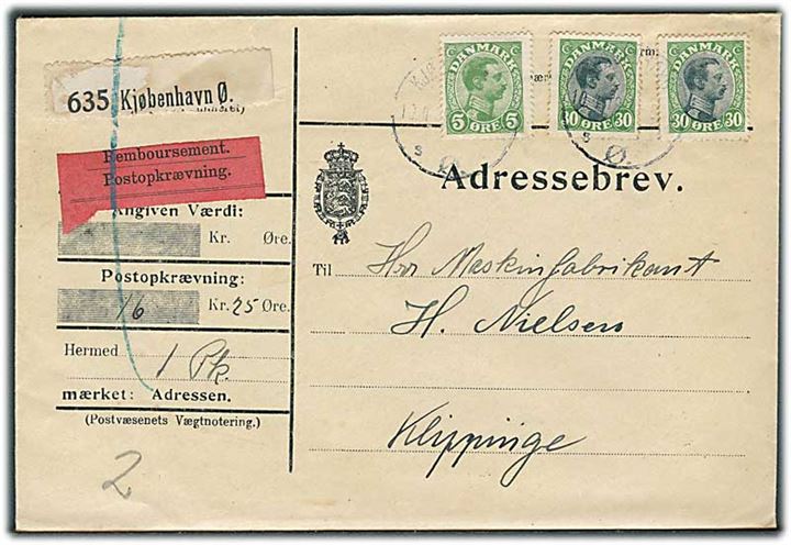 5 øre og 30 øre (2) Chr. X på 65 øre frankeret adressebrev for pakke med opkrævning fra Kjøbenhavn d. 10.4.1919 til Klippinge.