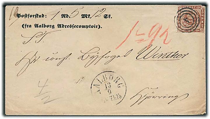 4 sk. 1858 udg. på fortrykt brev med postforskud fra Aalborg Adressecomptoir annulleret med nr.stempel 4 og sidestemplet antiqua Aalborg d. 13.9.18xx til Hjørring.
